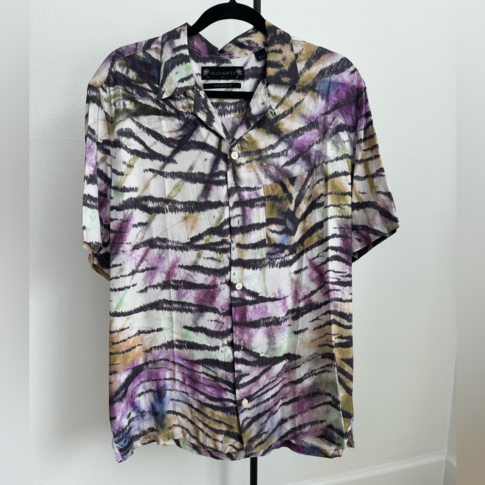 Allsaints Relaxed Fit Purple/Orange/White Tiger Stripe Shirt - Medium